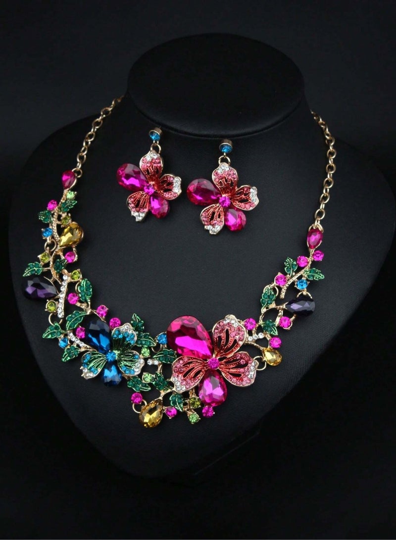 Women's Necklace and Earrings Set with Colorful Flower Gemstone Design – A striking and elegant two-piece set that makes a luxurious gift for lovers of unique jewelry. Perfect for weddings, engagements, Mother's Day gifts, and all special occasions. - Image 3