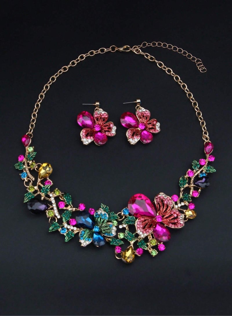 Women's Necklace and Earrings Set with Colorful Flower Gemstone Design – A striking and elegant two-piece set that makes a luxurious gift for lovers of unique jewelry. Perfect for weddings, engagements, Mother's Day gifts, and all special occasions. - Image 4