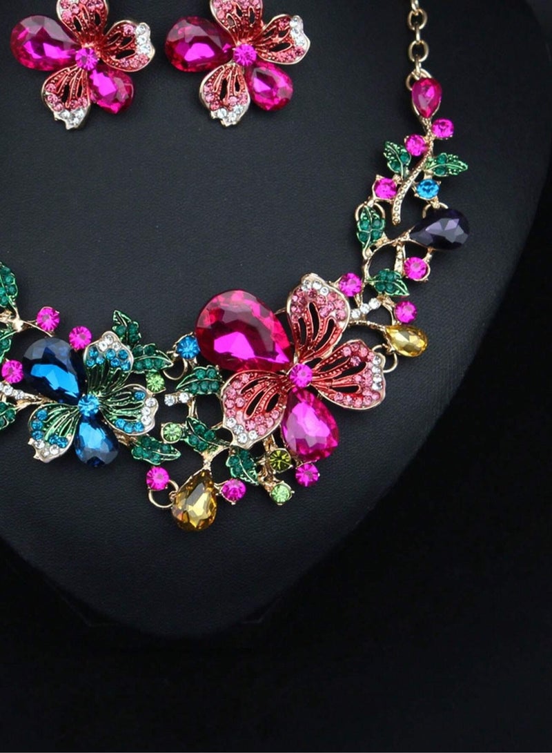Women's Necklace and Earrings Set with Colorful Flower Gemstone Design – A striking and elegant two-piece set that makes a luxurious gift for lovers of unique jewelry. Perfect for weddings, engagements, Mother's Day gifts, and all special occasions. - Image 5
