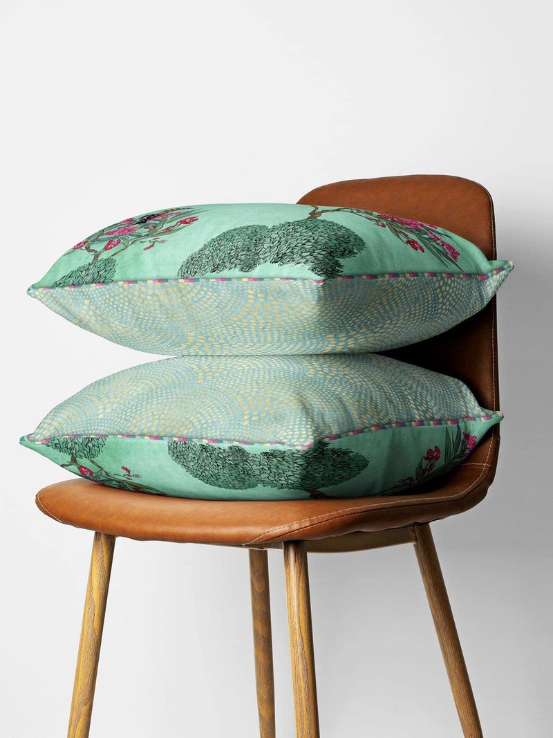 BIANCA Designer Reversible Printed Silk Linen Cushion Covers -2pc 16 X16 Set (Suzane) | with Contrast Front & Back Digital Print | - Hidden Zipper Floral-Ornamental-Mint/Teal - Image 2