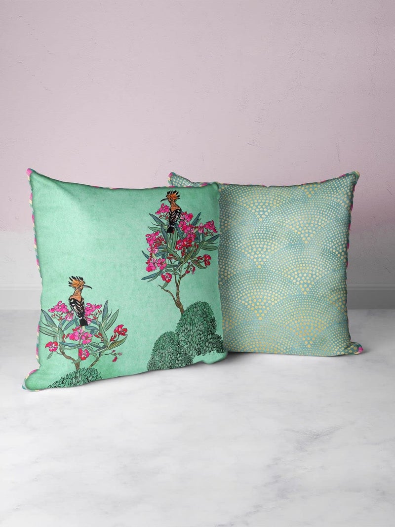 BIANCA Designer Reversible Printed Silk Linen Cushion Covers -2pc 16 X16 Set (Suzane) | with Contrast Front & Back Digital Print | - Hidden Zipper Floral-Ornamental-Mint/Teal - Image 1