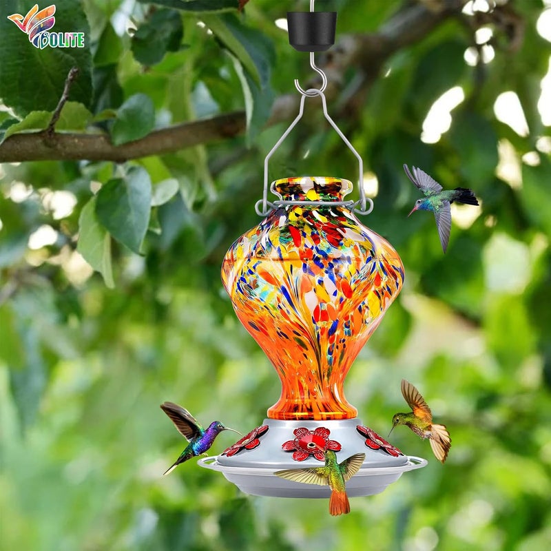 BOLITE Hummingbird Feeders, 24004O Glass Hummingbird Feeders for outdoors Hanging, Hand Blown Twisted with 5 Feeding Ports & Perch, 24 Ounces, Leak Proof, Orange - Image 2