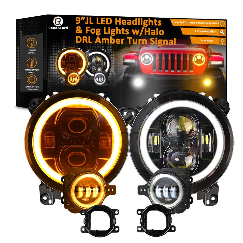 مصباح أمامي 9 إنش رانجلر JL مع إشارة DRL Halo ومصباح ضباب 4 إنش لرانجلر JL 2018 2019 2020 2021 2022 2023 2024 ومصباح JLU Sahara Rubicon Gladiator JT مع إشارة DRL Halo مدمجة