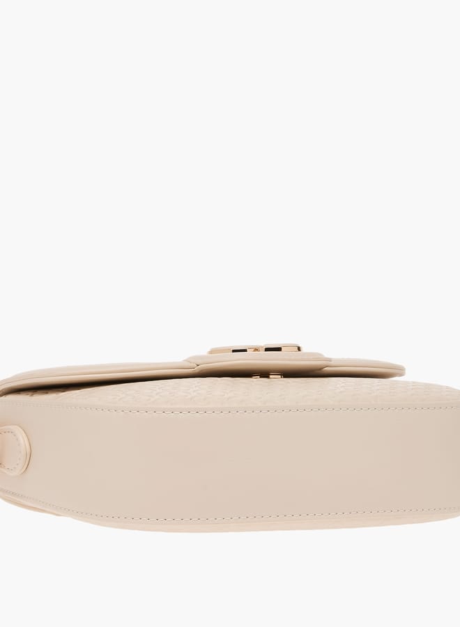 Monogram Textured Crossbody Bag with Flap Closure and Adjustable Strap