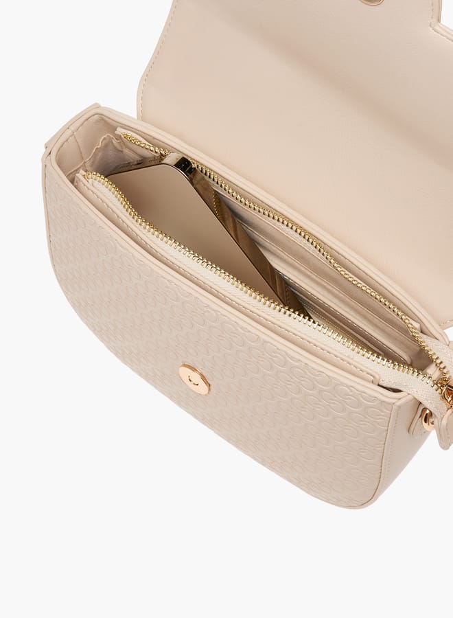 Monogram Textured Crossbody Bag with Flap Closure and Adjustable Strap