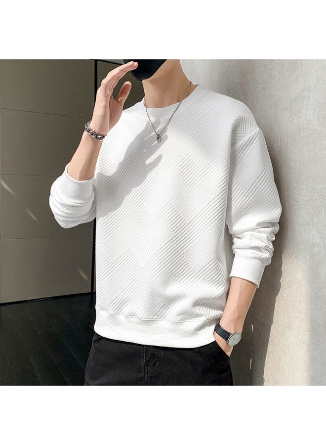 Wassup Sohot Men's Winter Heavyweight Crewneck Jacquard Long Sleeve Casual T-shirt White (spring/autumn) XL