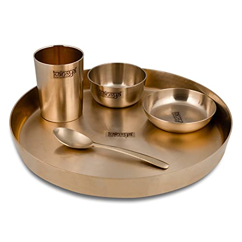 KANSYA 78:22 Ratio Pure Bronze Dinner Set of 5-11" Thali, Elegant, Durable, Traditional Bronze Dinnerware Set Gold Improve Taste, Digestive System & Health - Image 1