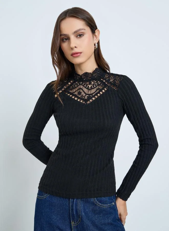 Take Two Black Lace Detail Long Sleeve Top