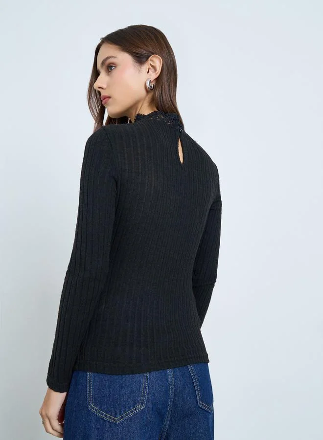 Take Two Black Lace Detail Long Sleeve Top
