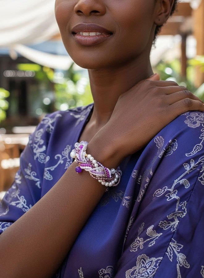 ELABEST Beaded Pearl Bracelets for Women 2Pcs Handmade Plait Trendy Boho Y2K Crystal Bracelet (Purple) - Image 2