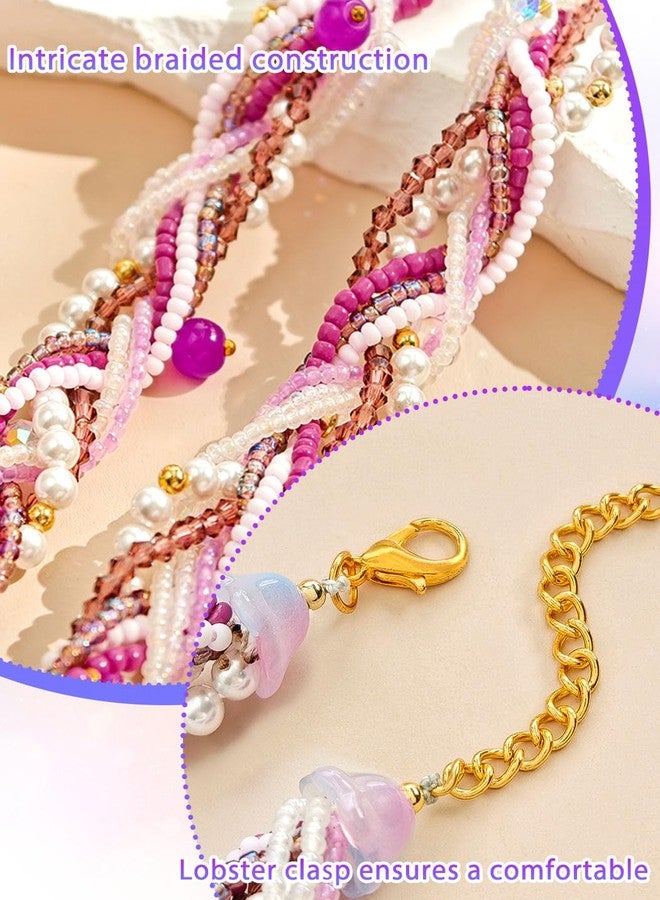 ELABEST Beaded Pearl Bracelets for Women 2Pcs Handmade Plait Trendy Boho Y2K Crystal Bracelet (Purple) - Image 3