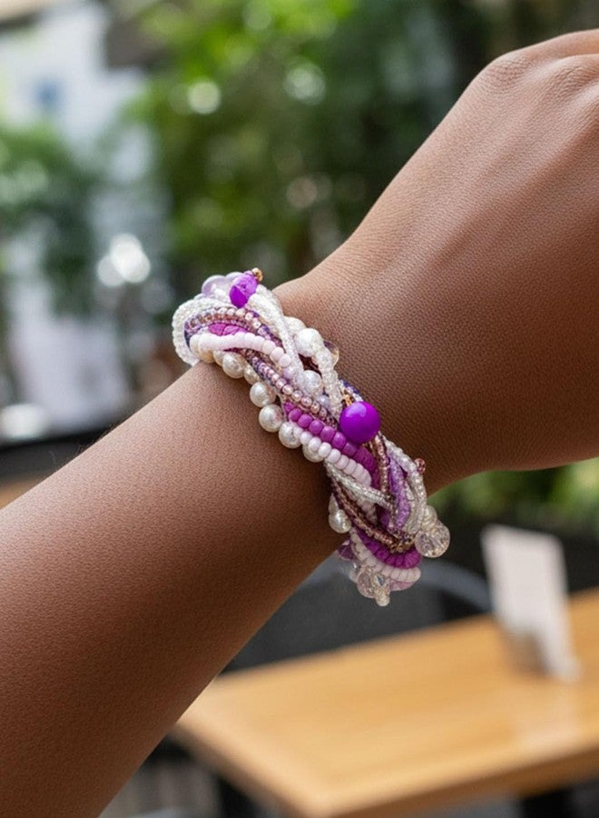 ELABEST Beaded Pearl Bracelets for Women 2Pcs Handmade Plait Trendy Boho Y2K Crystal Bracelet (Purple) - Image 4