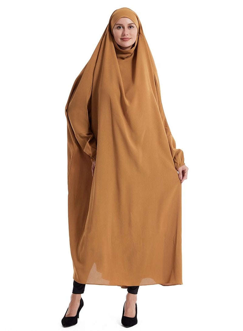 إسكدنيا Women's Solid Color Abaya Long Sleeve Thobe Robe Brown - Image 1