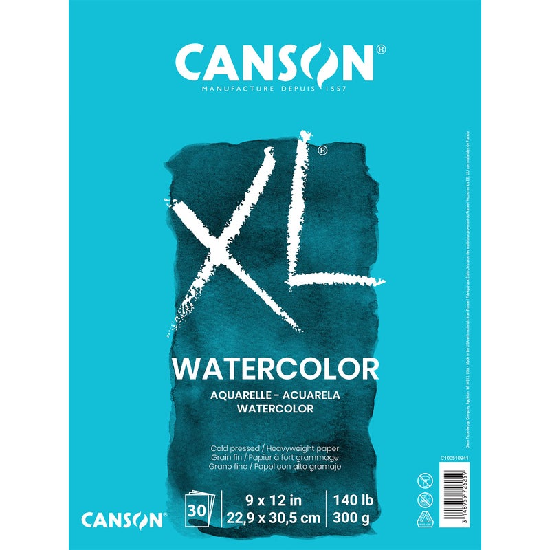CANSON دفتر ألوان مائية من سلسلة كانسون XL، ورق أبيض ثقيل، تجليد قابل للطي، 30 ورقة، 9x12 بوصة - Image 1