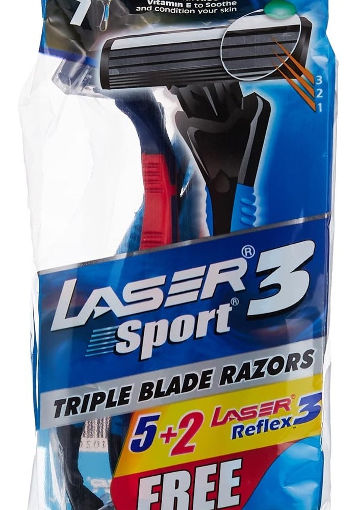 Laser Sport 3 Reflex Triple Blade Disposable Shaving Razor with Aloe and Vitamin E - 7 Count - Image 1
