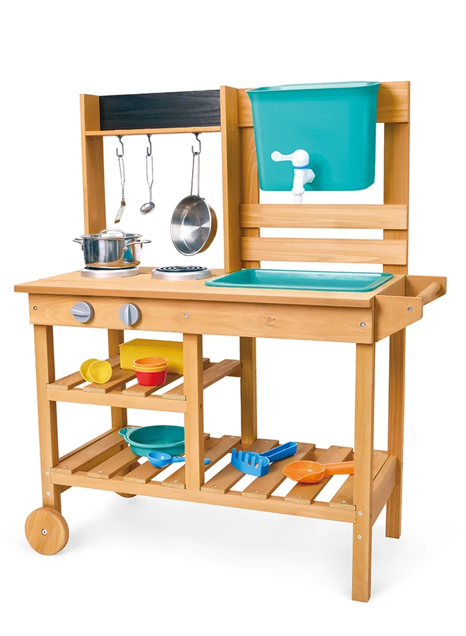 هيب HAPE Outdoor Explorer’s Kitchen Set – Wooden Outdoor Play Kitchen with Sink, Water Tank, Sand Toys & Utensils, Role Play Cooking Toy for Kids, Durable Garden Kitchen Playset for Toddlers 3+