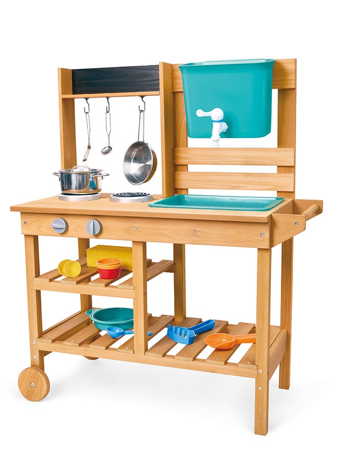 HAPE Outdoor Explorer’s Kitchen Set – Wooden Outdoor Play Kitchen with Sink, Water Tank, Sand Toys & Utensils, Role Play Cooking Toy for Kids, Durable Garden Kitchen Playset for Toddlers 3+ - Image 1