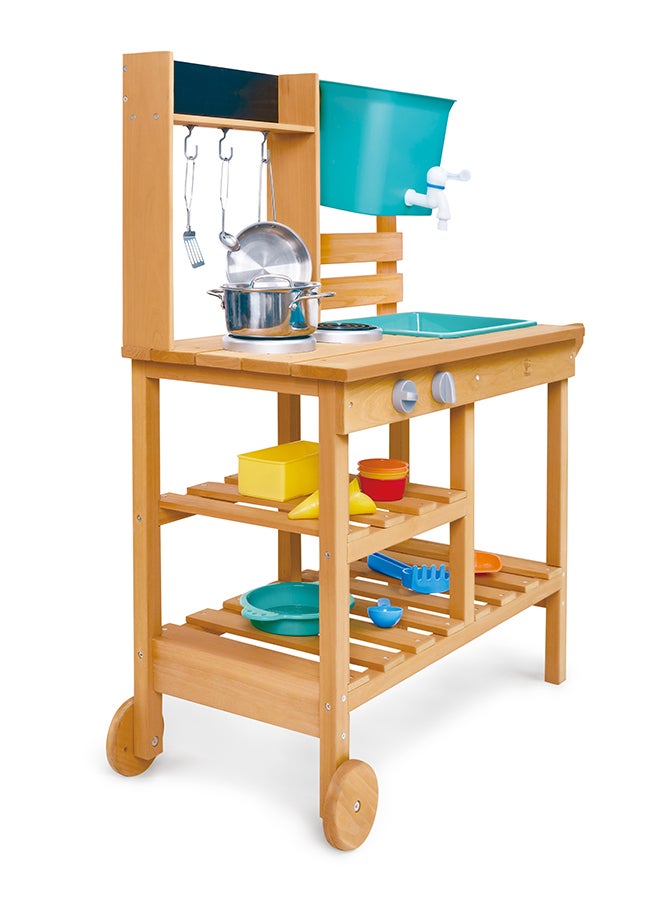 HAPE Outdoor Explorer’s Kitchen Set – Wooden Outdoor Play Kitchen with Sink, Water Tank, Sand Toys & Utensils, Role Play Cooking Toy for Kids, Durable Garden Kitchen Playset for Toddlers 3+ - Image 5