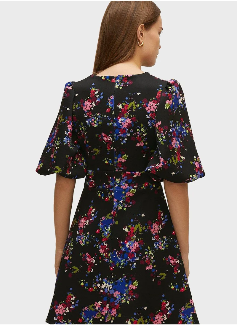 Oasis Floral Print Puff Sleeve Skater Dress