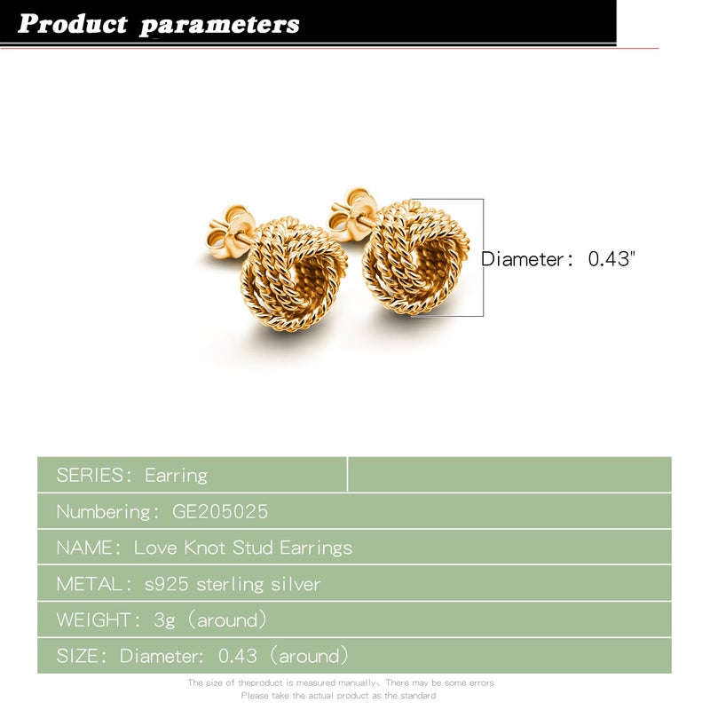 Dankadi Women 925 Sterling Silver Love-Knot Earring Italian Design 0.35''& 0.43''Lightweight Twisted Love Knot Stud Earrings -Not Allergic Jewelry Gift (0.43 in, Gold) - Image 3