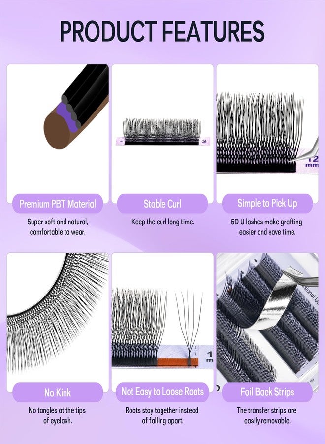 Natuhana 5D U Shape Lash Extensions Easy Fan Russian Volume U Eyelash C/D Curl 0.07mm Natural U Shaped 12 Rows Premade Eye Lashes Supply(Black,0.07C,9-15mm) - Image 3