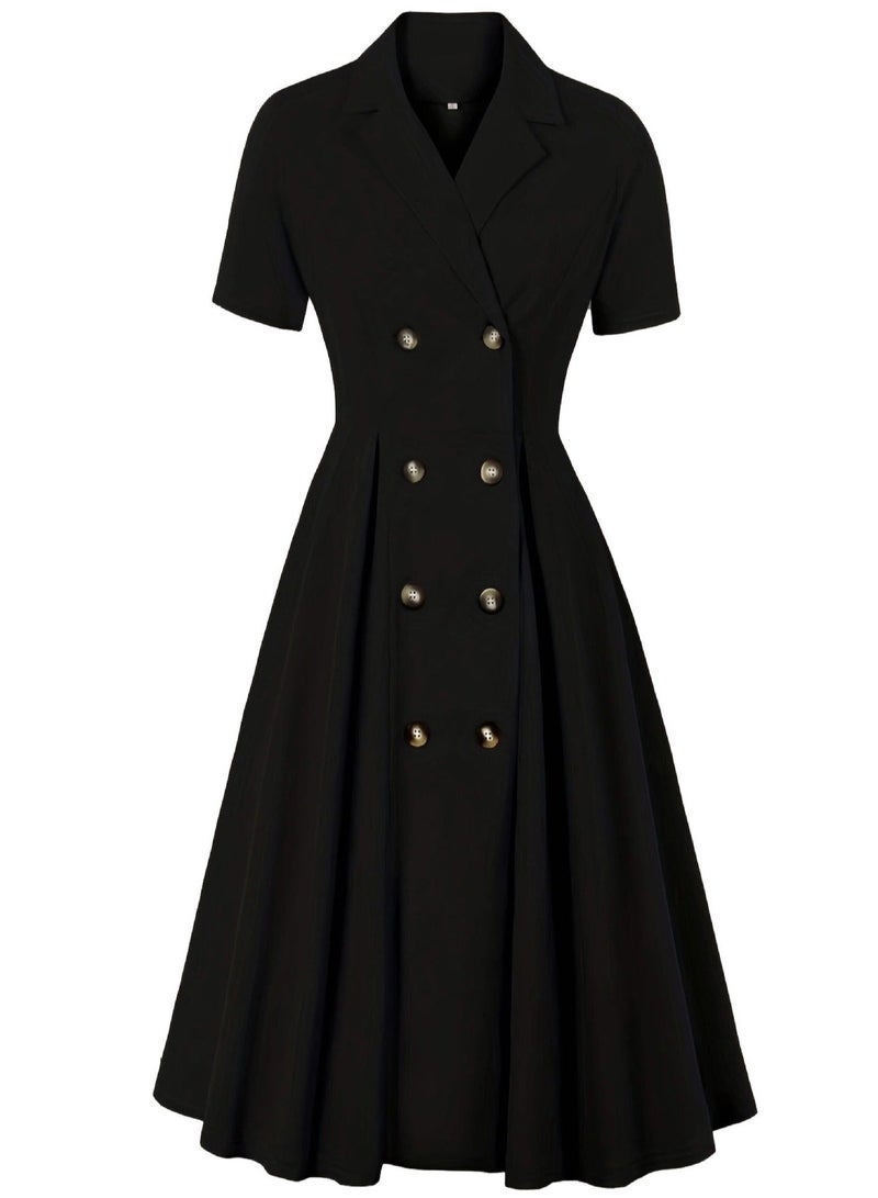 Elegant Button Detail Dress Black Work Casual Dress Cocktail Swing Dress - Image 1