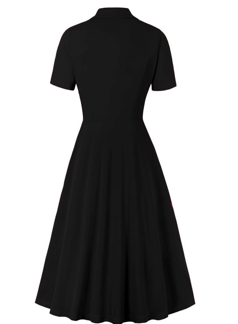 Elegant Button Detail Dress Black Work Casual Dress Cocktail Swing Dress - Image 2