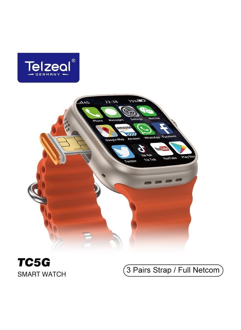 Telzeal ساعة تلزيل TC5G الذكية مع اتصال كامل بشبكة الهاتف، فتحة بطاقة SIM، 3 أزواج من الأشرطة وشاحن لاسلكي مصممة للسيدات والرجال - Image 1
