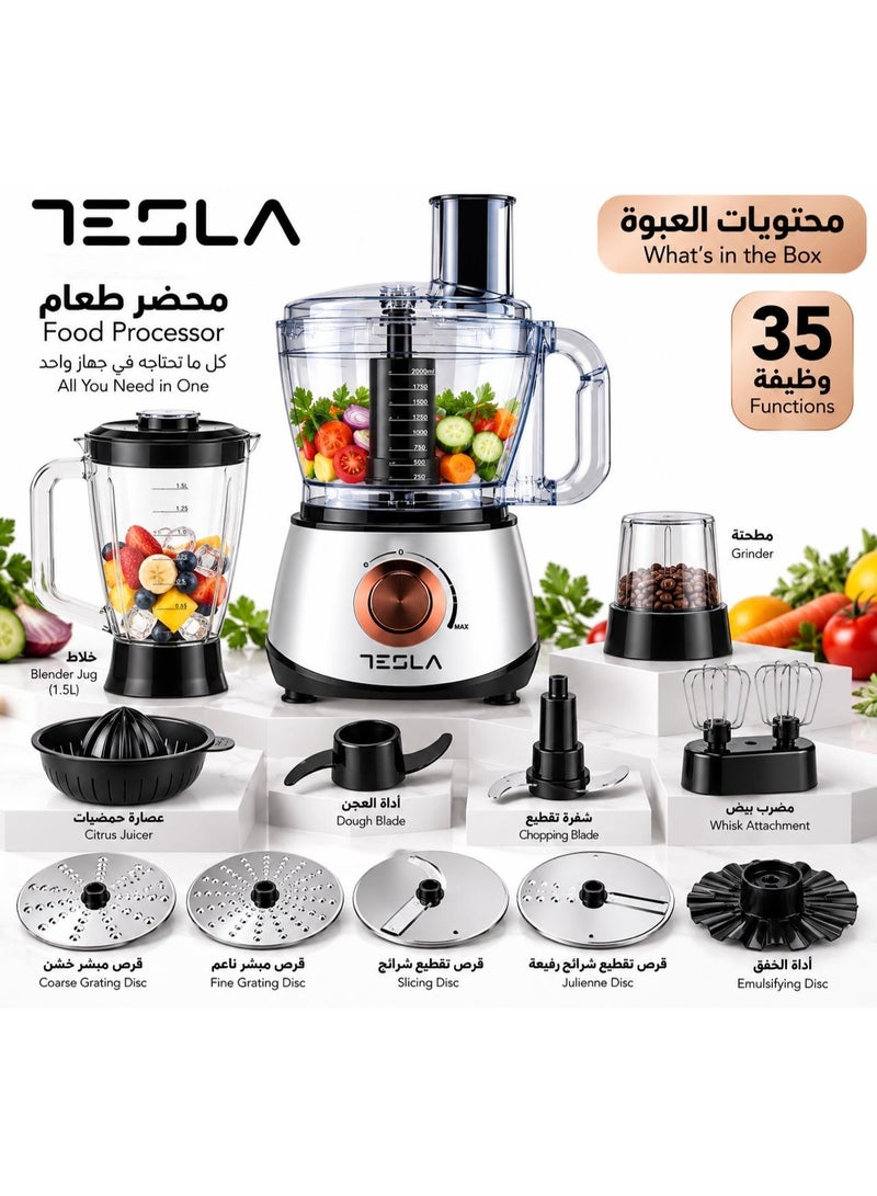 تسلا محضر طعام تسلا TSL-FP100 ، 800 وات، سعة 2 لتر، 35 وظيفة، فرم وتقطيع وبشر وخلط وعجن وخفق وعصر وطحن، سرعات متعددة مع Pulse - Image 5