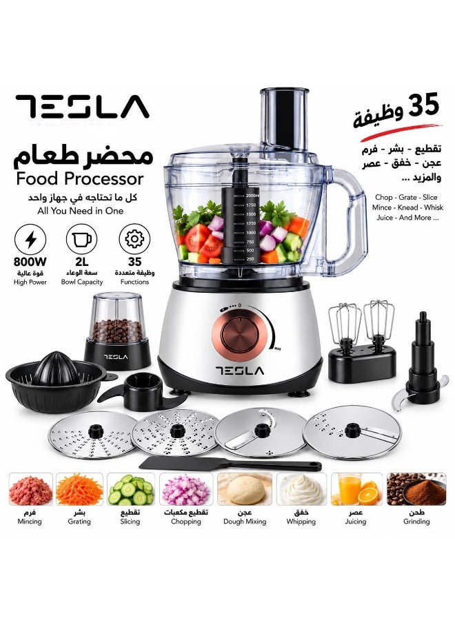 تسلا محضر طعام تسلا TSL-FP100 ، 800 وات، سعة 2 لتر، 35 وظيفة، فرم وتقطيع وبشر وخلط وعجن وخفق وعصر وطحن، سرعات متعددة مع Pulse - Image 4