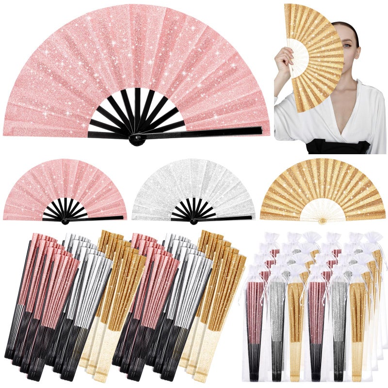 Vercraft 24 Pcs Large Folding Hand Fans for Line Dancing, Boots on The Ground Fan with Bag Clapping Popping Raves Fans Bulk for Wedding Edm Club Party Decoration(Gold Rose, Gold, Silver) - Image 1