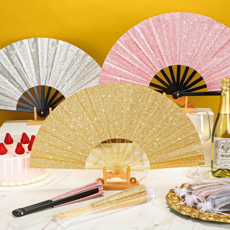 Vercraft 24 Pcs Large Folding Hand Fans for Line Dancing, Boots on The Ground Fan with Bag Clapping Popping Raves Fans Bulk for Wedding Edm Club Party Decoration(Gold Rose, Gold, Silver) - Image 4