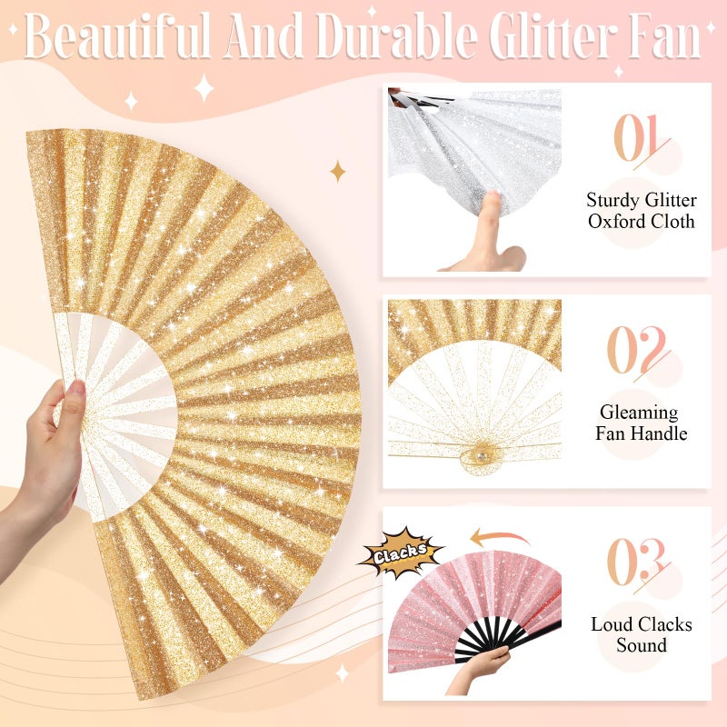 Vercraft 24 Pcs Large Folding Hand Fans for Line Dancing, Boots on The Ground Fan with Bag Clapping Popping Raves Fans Bulk for Wedding Edm Club Party Decoration(Gold Rose, Gold, Silver) - Image 2