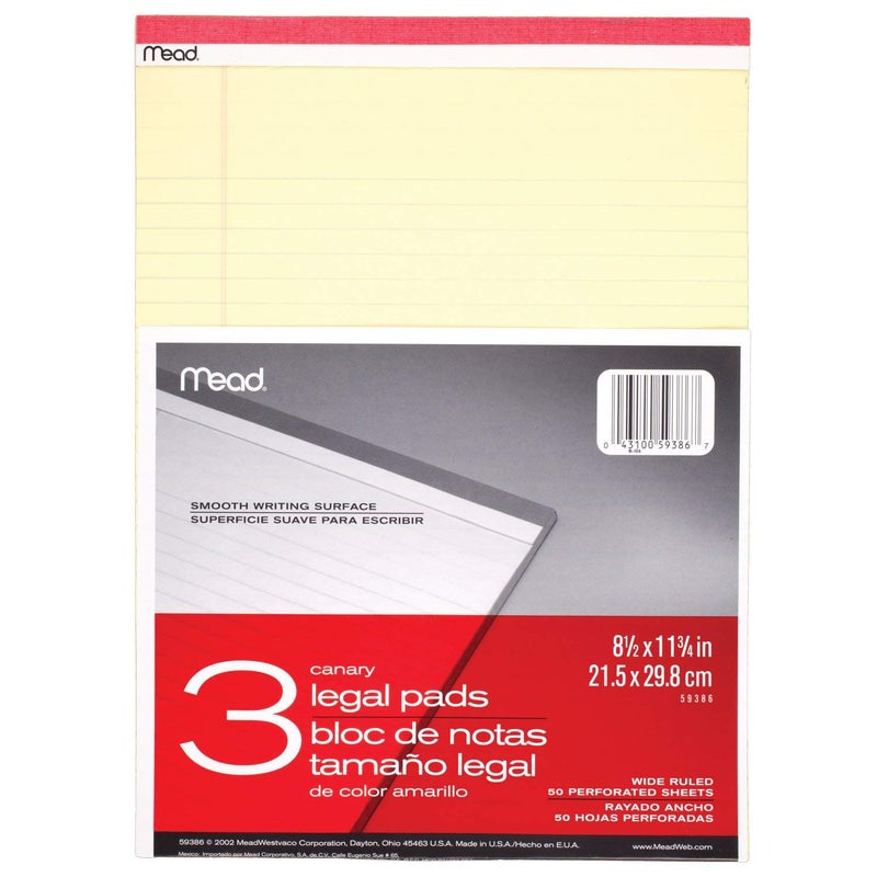 Mead Legal Pads, Wide Ruled Paper, 8-1/2" x 11-3/4", 50 Sheets, Memo Pads, Note Pads, Steno Pads, 3 Pack (59386) - Image 1