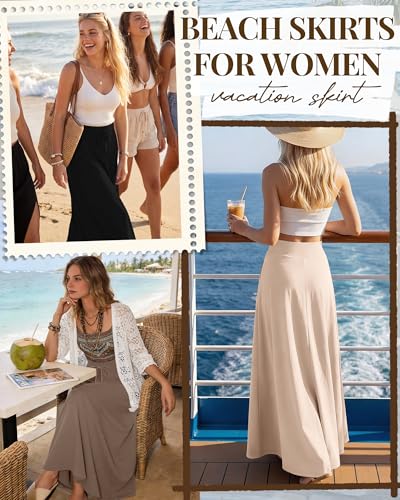 Riyiper 3 Pack Women's Maxi Skirts Long Skirts with Pockets High Waist a Line Drawstring Ankle Length Flowing Casual Summer(Black, Coffee, Apricot,X-Large) - Image 2