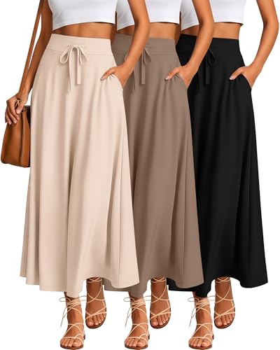 Riyiper 3 Pack Women's Maxi Skirts Long Skirts with Pockets High Waist a Line Drawstring Ankle Length Flowing Casual Summer(Black, Coffee, Apricot,X-Large) - Image 1
