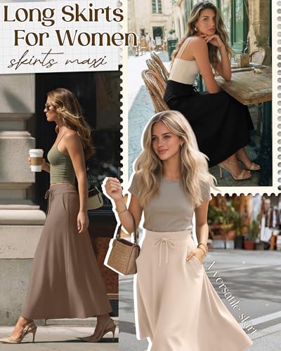 Riyiper 3 Pack Women's Maxi Skirts Long Skirts with Pockets High Waist a Line Drawstring Ankle Length Flowing Casual Summer(Black, Coffee, Apricot,X-Large) - Image 3