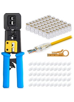 GNAFOTU RJ45 Crimp Tool Pass Through Connector End With Cat6 Crimping Tool Kit for RJ45/RJ12 Regular,50 Cat6 straight-through connectors, 50PCS Covers and Mini Wire Stripper  - Image 1