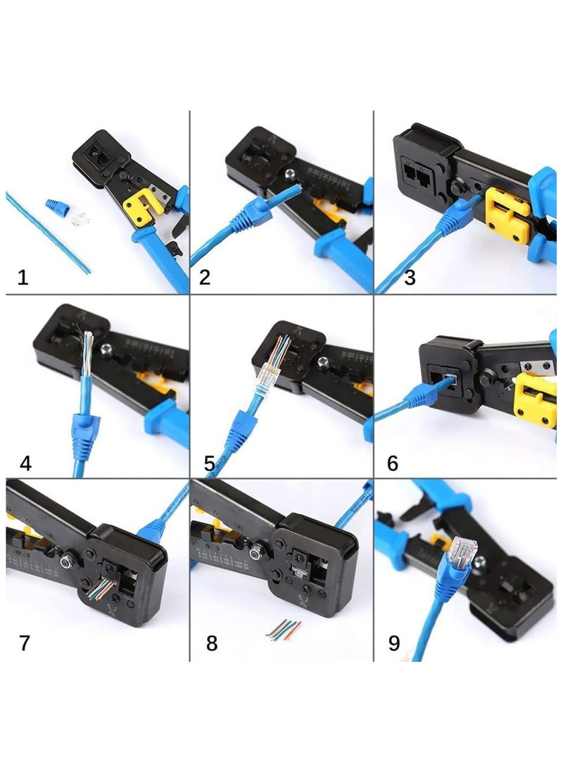 GNAFOTU - RJ45 Crimp Tool Pass Through Connector End With Cat6 Crimping Tool Kit for RJ45/RJ12 Regular,50 Cat6 straight-through connectors, 50PCS Covers and Mini Wire Stripper - Image 1