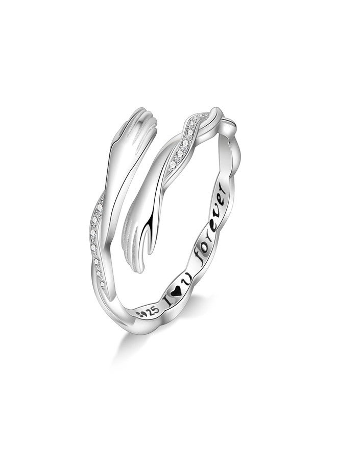 Lantine Hug Hand Ring, S925 Sterling Silver Hugging Hand Promise Ring with I U Forever Engraved CZ, Open Adjustable Hug Ring for Women, Valentine's Day Mother's Day Birthday Gifts - Image 1
