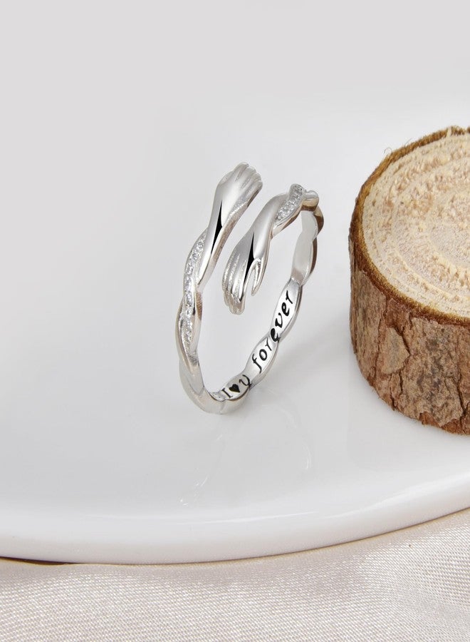 Lantine Hug Hand Ring, S925 Sterling Silver Hugging Hand Promise Ring with I U Forever Engraved CZ, Open Adjustable Hug Ring for Women, Valentine's Day Mother's Day Birthday Gifts - Image 4
