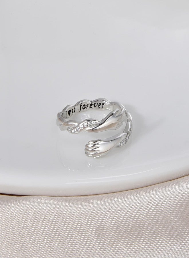 Lantine Hug Hand Ring, S925 Sterling Silver Hugging Hand Promise Ring with I U Forever Engraved CZ, Open Adjustable Hug Ring for Women, Valentine's Day Mother's Day Birthday Gifts - Image 5
