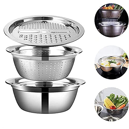 APURK Stainless Steel Drain Basket FruitVegetable Cutter 3 in 1 Kitchen Multipurpose Julienne Grater Salad Maker Bowl Vegetable and Fruit Grater - Image 4