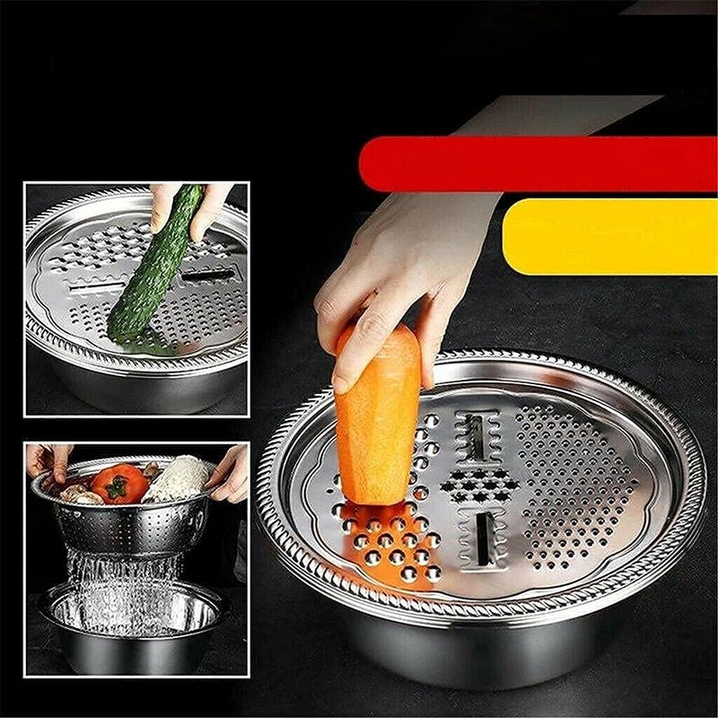 APURK Stainless Steel Drain Basket FruitVegetable Cutter 3 in 1 Kitchen Multipurpose Julienne Grater Salad Maker Bowl Vegetable and Fruit Grater - Image 2
