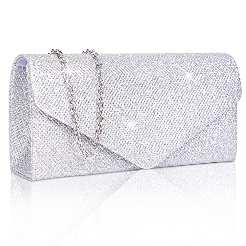 Larcenciel Clutch Purses for Women, Sparkly Sequin Envelope Clutch Evening Bag w/Chain, Elegant Party Prom Dress Bride Purse (Silver) - Image 1