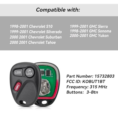GZXNKEY Remote Key Fob Replacement Car Key for 1999 2000 2001 Chevy Silverado S10 GMC Sierra Sonoma / Chevy Suburban Tahoe 2000 2001 GMC Yukon Keyles Entry Remote Key KOBUT1BT,15732803 (Pack of 2 - Image 2
