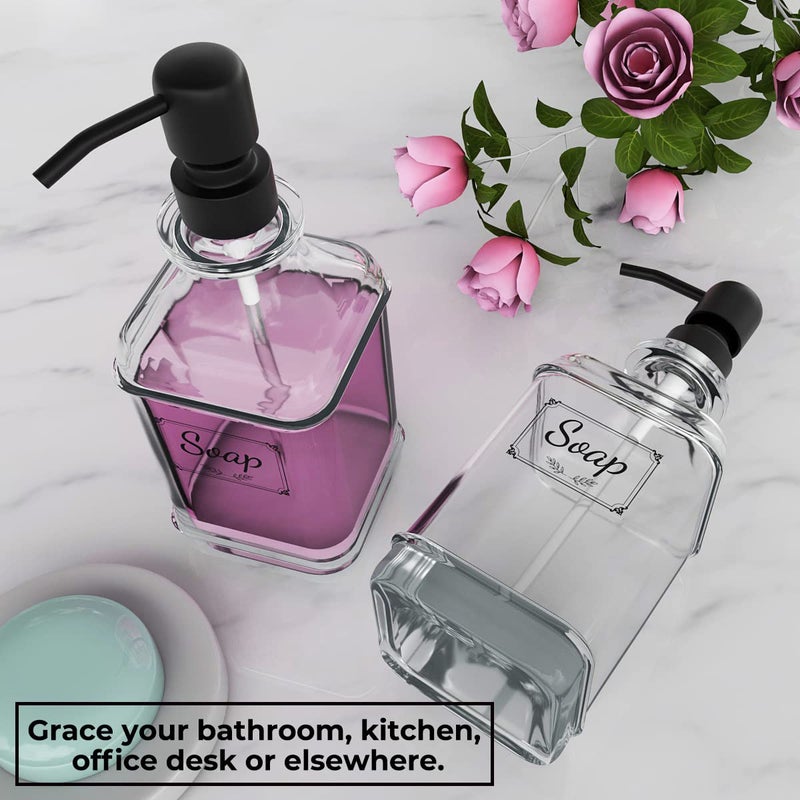 GLADPURE 2 Pack Soap Dispenser, 18 Oz Antique Design Thick Glass Hand Dispensers; with 304 Rust Proof Stainless Steel Pump, 6Pcs Clear Stickers, for Kitchen, Bathroom- Black - Image 5