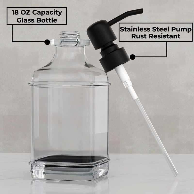 GLADPURE 2 Pack Soap Dispenser, 18 Oz Antique Design Thick Glass Hand Dispensers; with 304 Rust Proof Stainless Steel Pump, 6Pcs Clear Stickers, for Kitchen, Bathroom- Black - Image 2