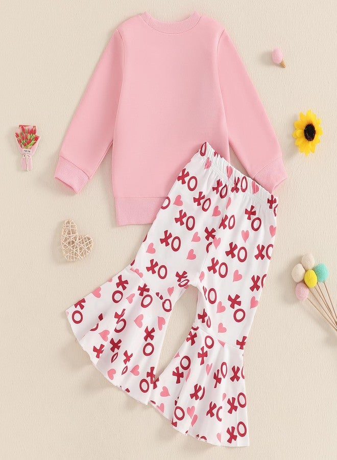 DNOMAID YZARC Toddler Baby Girl Valentines Outfit Letter Embroidery Crewneck Sweatshirt Top Heart Flare Pants Clothes Set (A-Pink, 3-4T) - Image 3