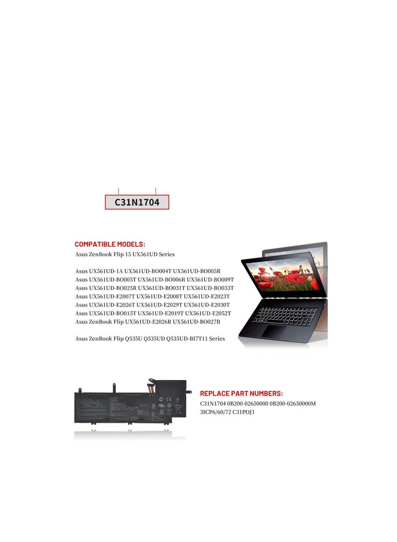 Terabyte بطارية لابتوب C31N1704 0B200-02650000 3ICP6/60/72 متوافقة مع ASUS ZenBook Flip 15 UX561UD Q535U Q535UD Q535UD-BI7T11 (11.55V 52Wh) - Image 3